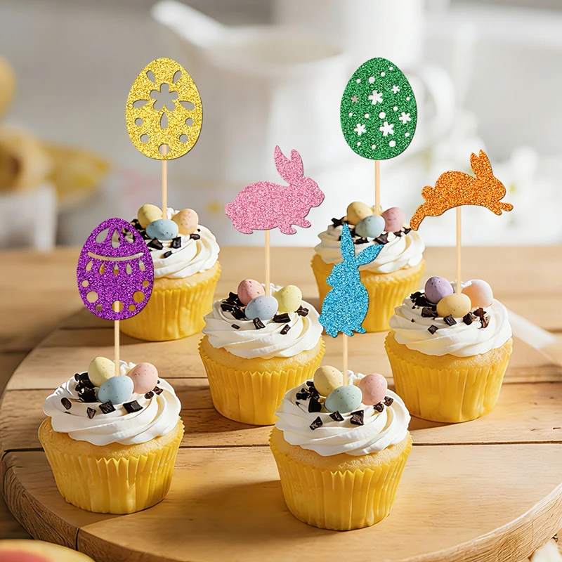 YOMDID 24 Stück Oster-Cupcake-Topper Osterhasen und Eier Kuchen-Topper Glitzernde Hasen und Eier Akzente für Osterdekoration