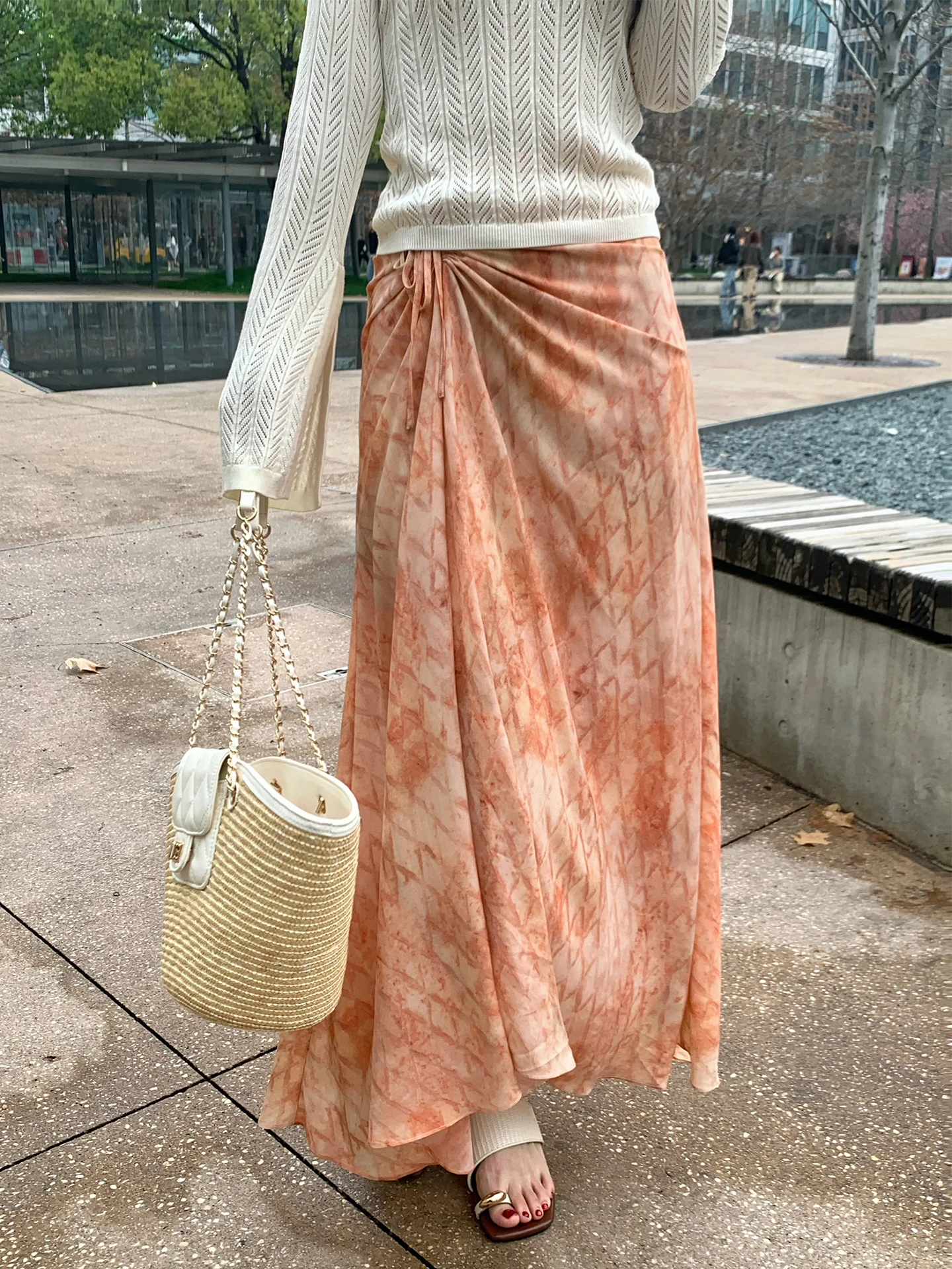 

Женская юбка миди Kun Dream Garden с оранжевым цветочным принтом, подчеркивающая талию, весенняя элегантная модель средней длины, модная, стандартная.