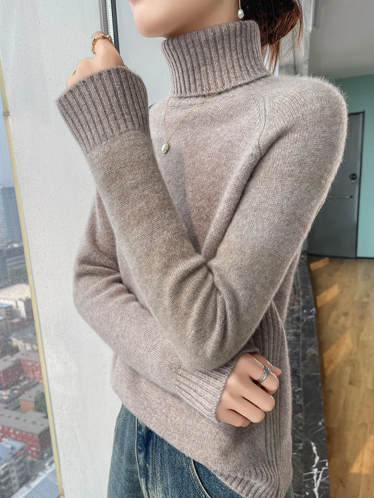 가을 겨울 여성 터틀넥 스웨터 울 풀오버 라글란 슬리브 두꺼운 캐시미어 기본 100% 메리노 울 니트 솔리드 탑 New