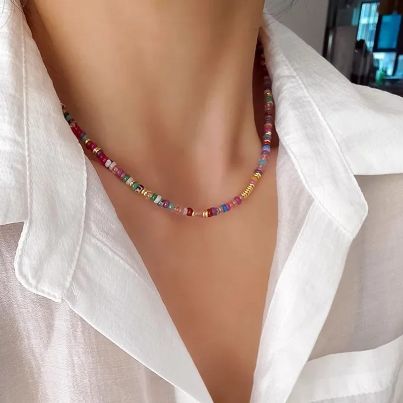 

British [Designer] Natural Stone Beaded Color Dopamine Necklace Niche Neck Chain Collar Pin