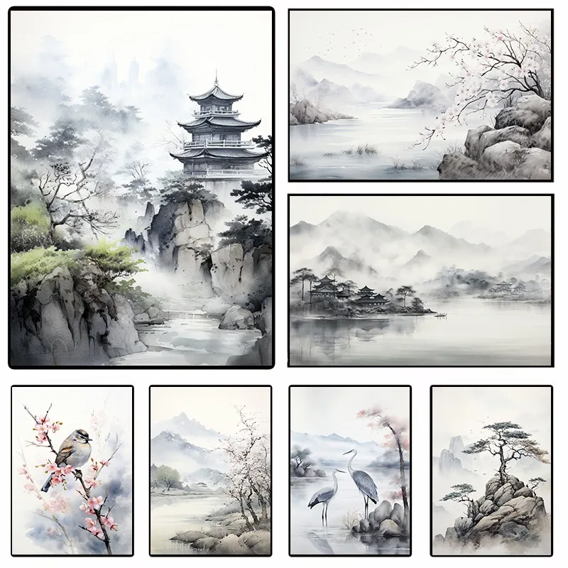 Japanese Ink Painting Landscape Watercolor Minimalist Canvas Poster Mountain River Bird Picture Wall Living Room Home Decoration