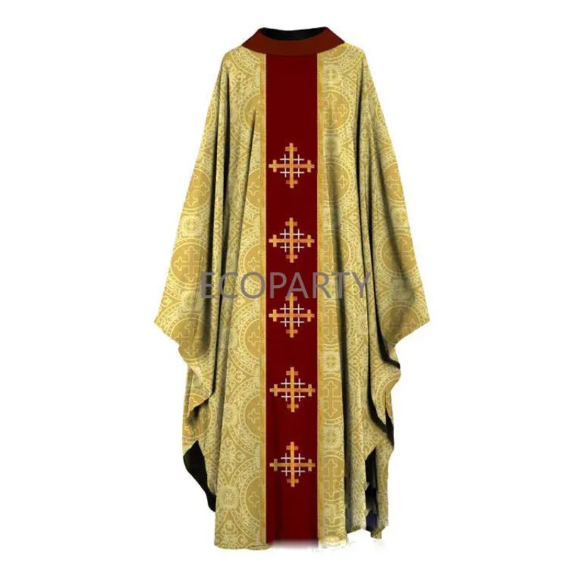 

COSda@Church Priest Religion Gown robe Chasuble Embroidery Long Sleeved Color Blocking Medium Length Hollow Lace ShirtCOSda