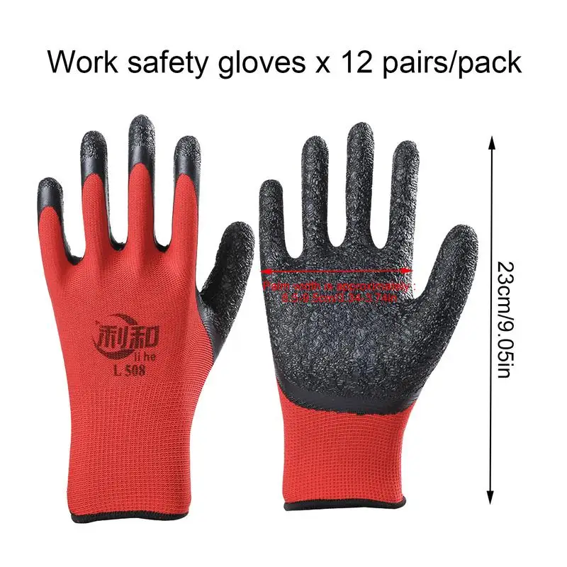 Guantes de trabajo recubiertos de látex, manoplas de trabajo sumergidas en Palma, patrón de arrugas, punto sin costuras, ajuste elástico cómodo, agarre firme de nailon, 12