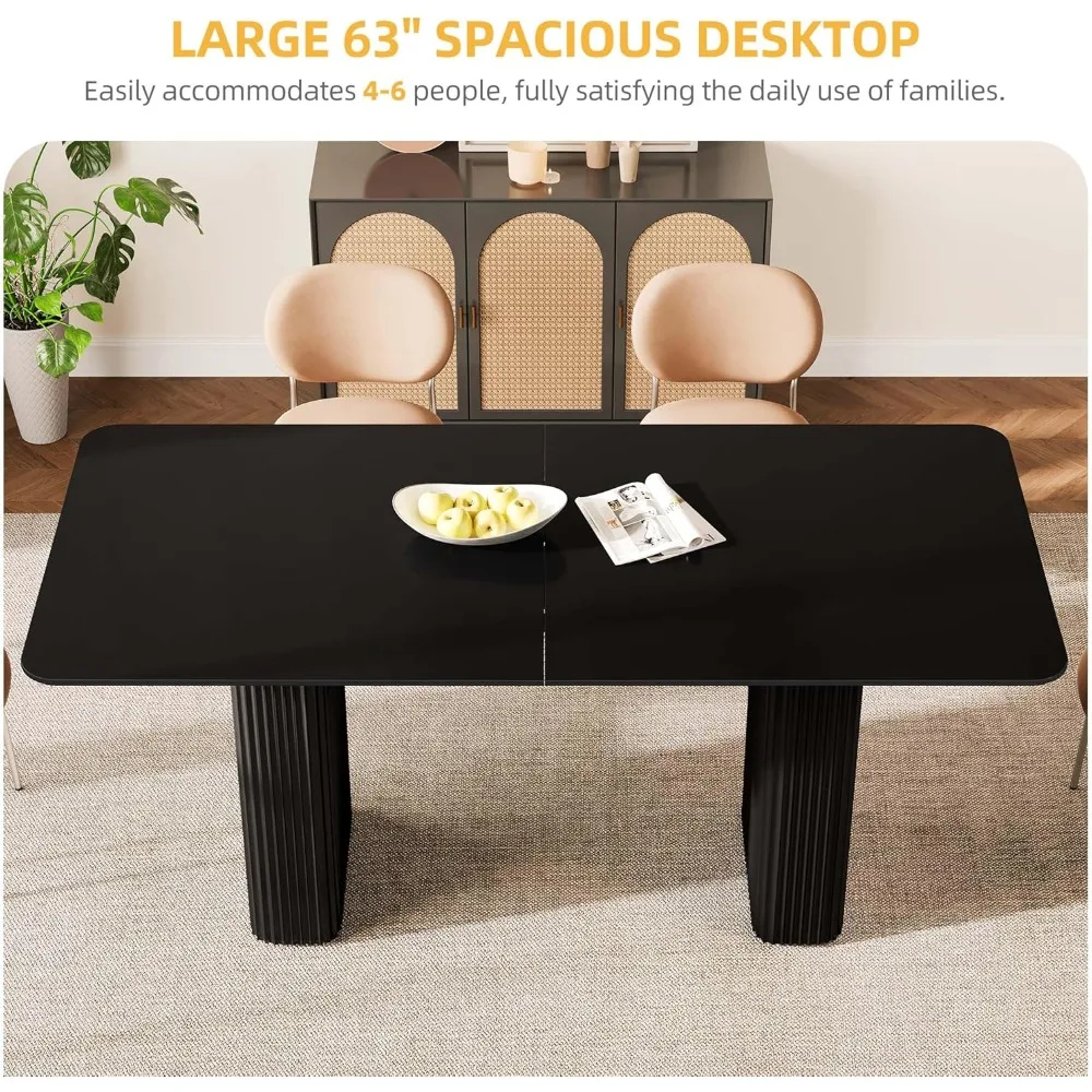 63'' Dining Table for 4-6 People Modern Rectangular Kitchen Table with Solid Wave Curved Legs Large Cream Black Dinner Table