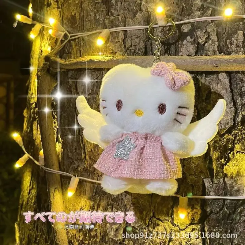 Sanrio Hello Kitty Plush Angel Wings Stuff Toys Keychain Pendant Cartoon Women Bags Keychains Plushie Gifts Girl Birthday Gift