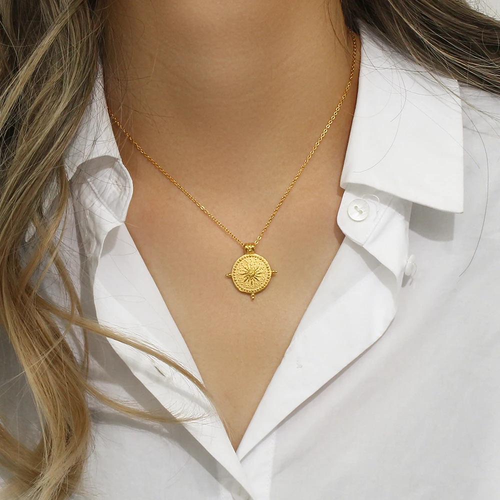 E.B.belle Frosted Surface Acient Sun Compass Pendant Necklace For Woman Ladies New Stee PVD Plated Coin Necklace Gold Jewelry