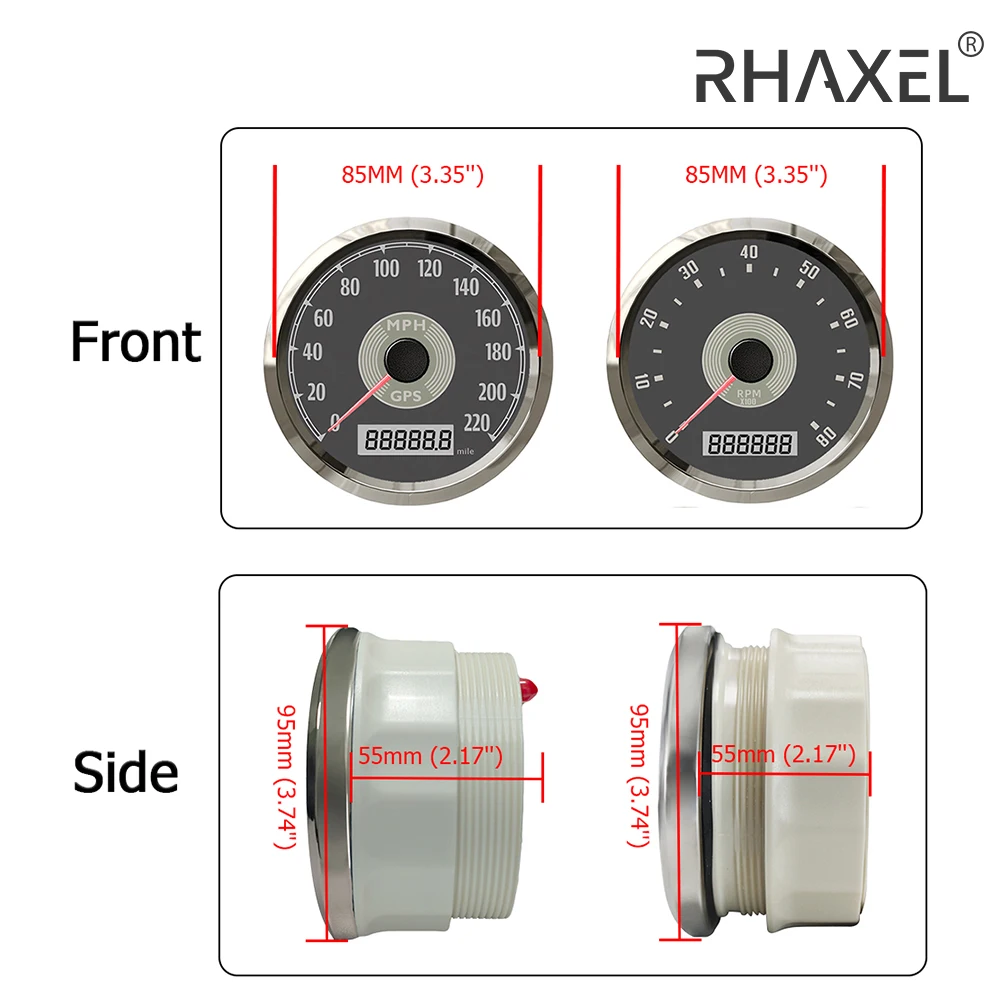 Rhaxel 2 Gauge Set 3 3/8Inch Snelheidsmeter Gps 220Mph Toerenteller 10000Rpm Voor Racejachten Universeel Met Achtergrondverlichting 12V 24V