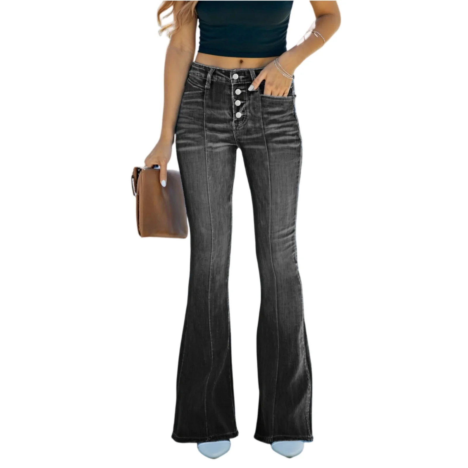 여성 데님 청바지 스플라이스 하이웨이스트 솔리드 컬러 플레어 팬츠 싱글 버튼 포켓 지퍼 플라이 스트릿웨어 봄