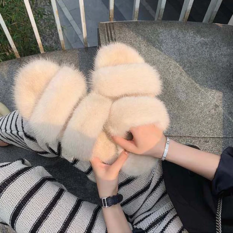 Black Beige Mink Fur double thick Strap Flat Slipper Peep Toe Women Skidproof sole Outfit comfortable Fur sandalias Shoes