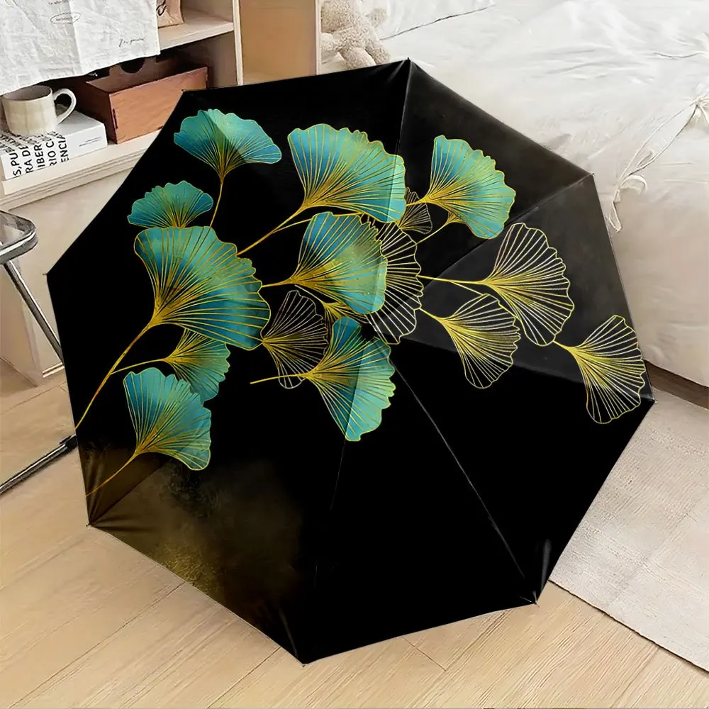 

Автоматический зонт с узором из листьев гинкго (бирюзовый с золотистым отливом) - черная рама с 8 спицами, автоматическое складывание/раскладывание, Co