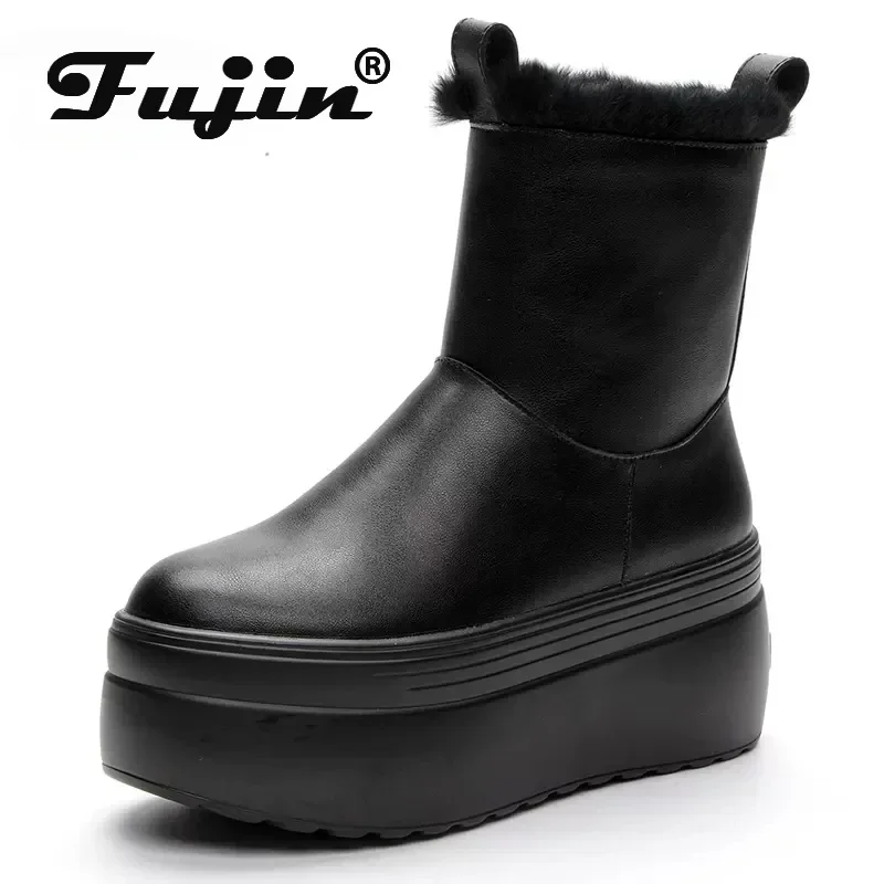 Fujin Snow Boots 2021 buty damskie ciepłe oryginalne skórzane jesienne zimowe botki motocyklowe platformy bardzo grube podeszwy