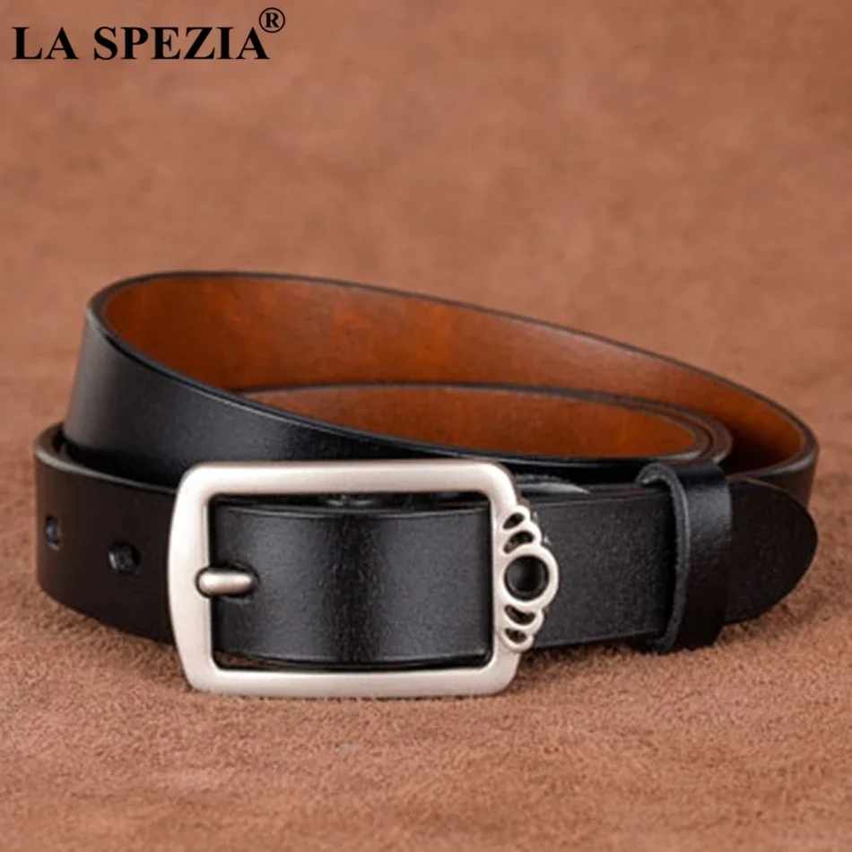 LA SPEZIA Coffee Belt Women Pin Buckle Leather Belt For Jeans Ladies Cowhide Genuine Leather Brand Female Fashion Square Belts