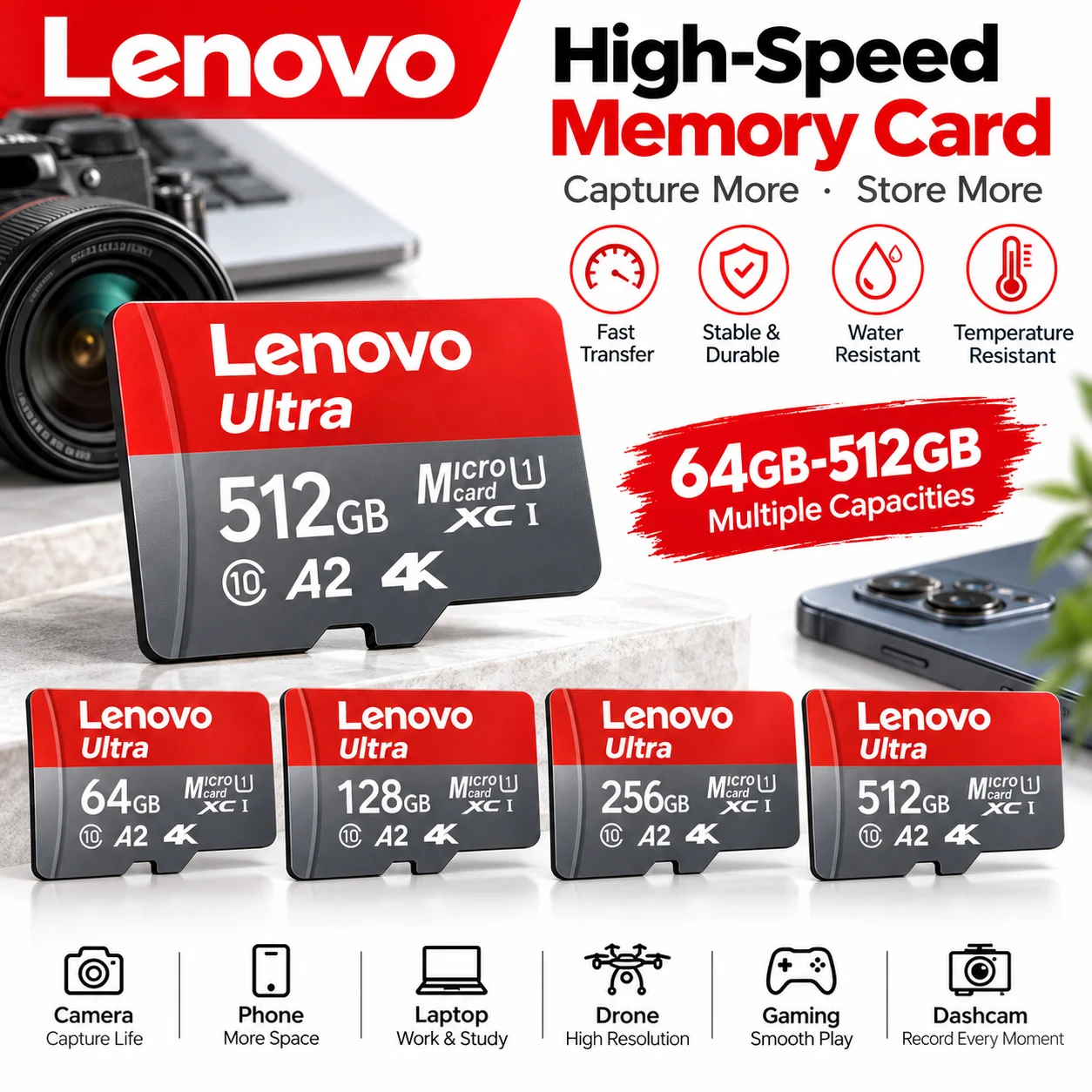 Lenovo 1TB High Speed Memory Card V60 U3 Flash Cards Micro SD Card For GoPro Action Camera Drone 4K Full HD Performance TF Card