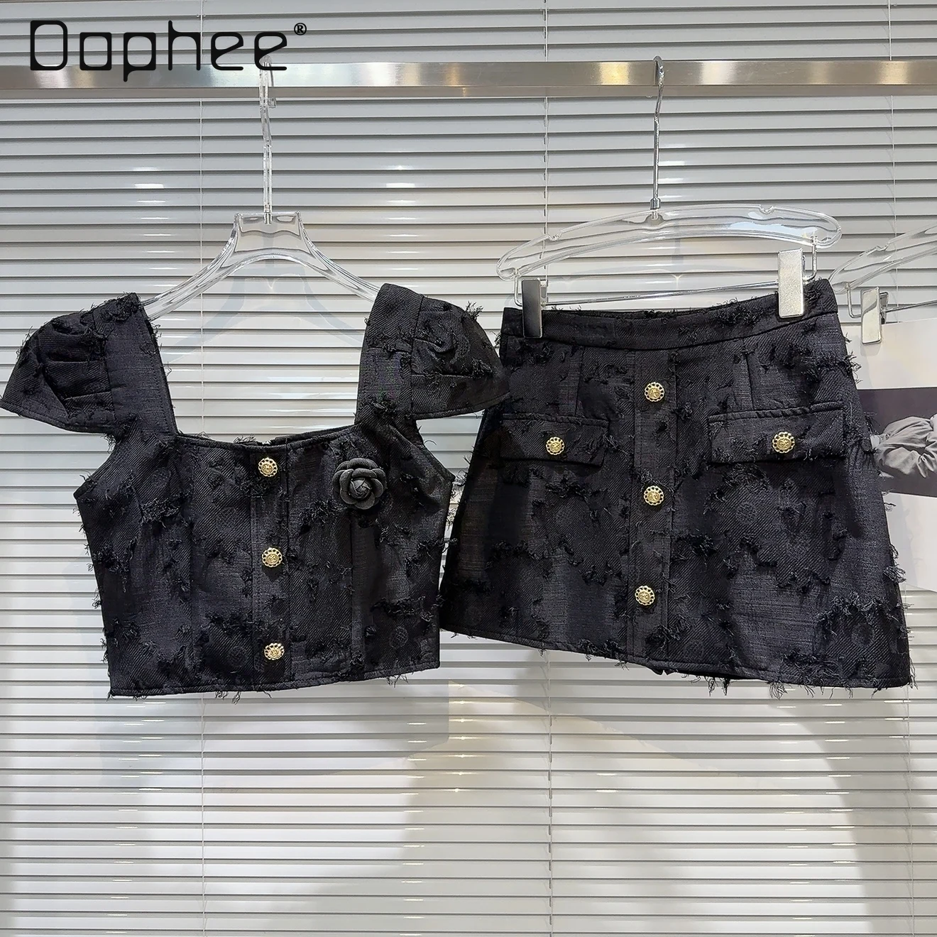 

French Sweet Celebrity Skirt Sets Three-dimensional Flower Bubble Sleeve Short Top + High Waist Mini Skirt Two-piece Set Women