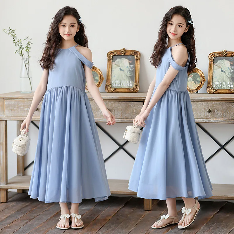 Girls Light Blue Chiffon Halter Cold Shoulder Midi Dress Elegant Tiered Flowy Casual Summer Beach Wedding Kids Princess Sundress