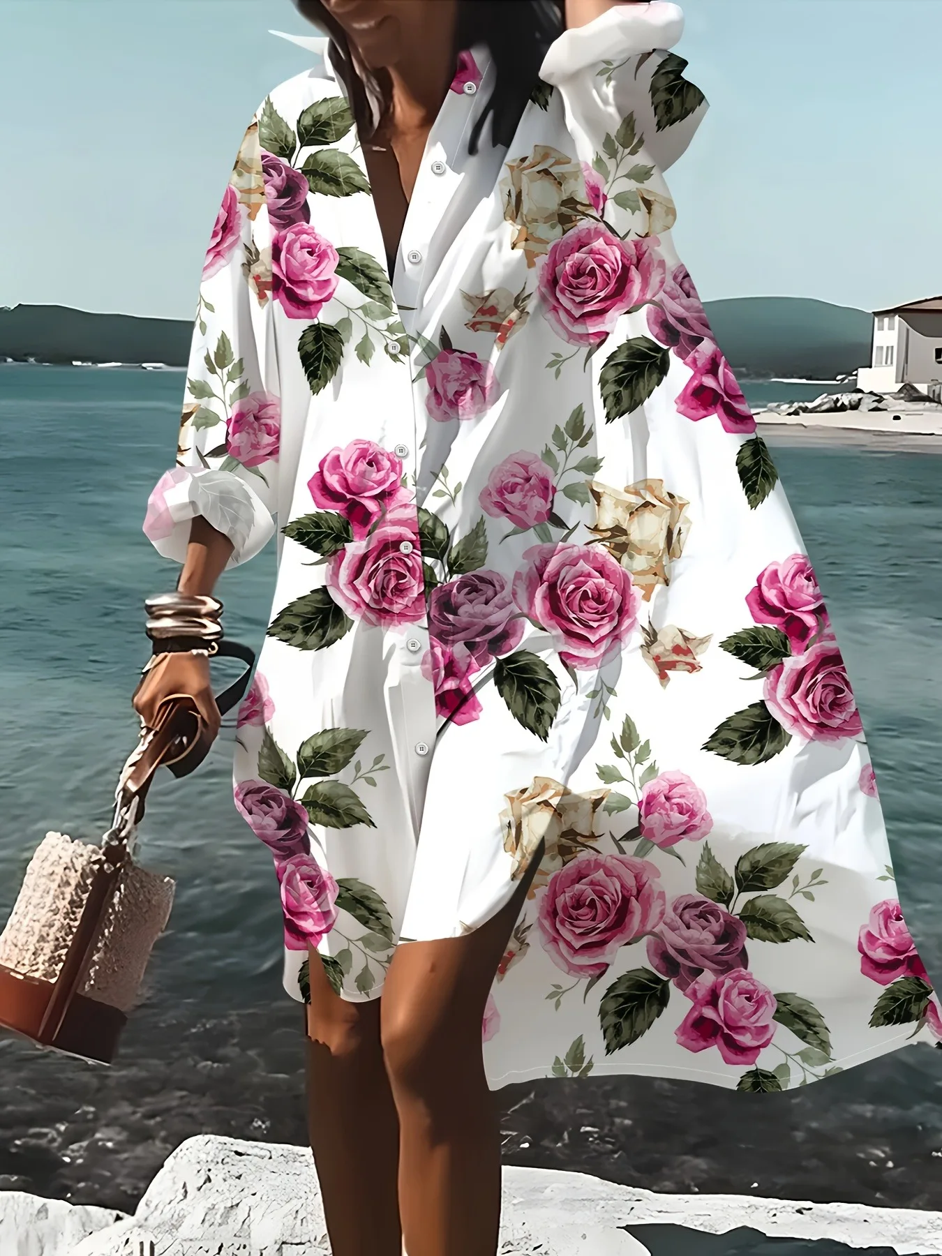 Damen Hemdkleid mit Knöpfen in Weiß, Rosa und Lila mit Rosenmuster, Langarm Midi-Kleid