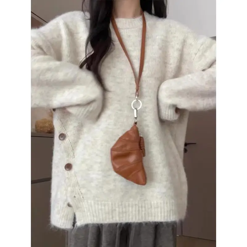 EBAIHUI Irregular Women's Solid Color Knitted Sweater with Unique Hem Slit Knitted Top Autumn Loose Comfortable Clothing Ladies