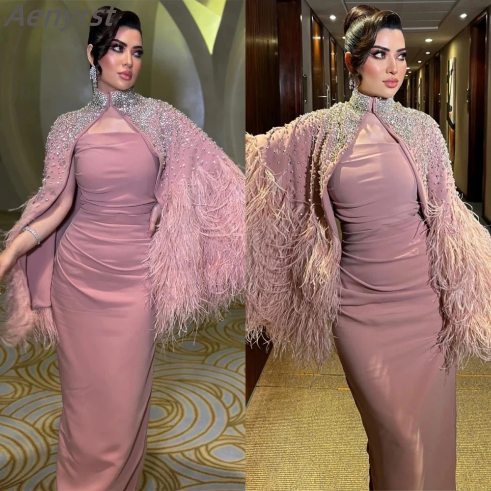 Luxury Beaded Crystal Feathers Wrap Evening Party Gowns Strapless Ruched Long Side Slit Dubai Wedding Party Prom Dresses