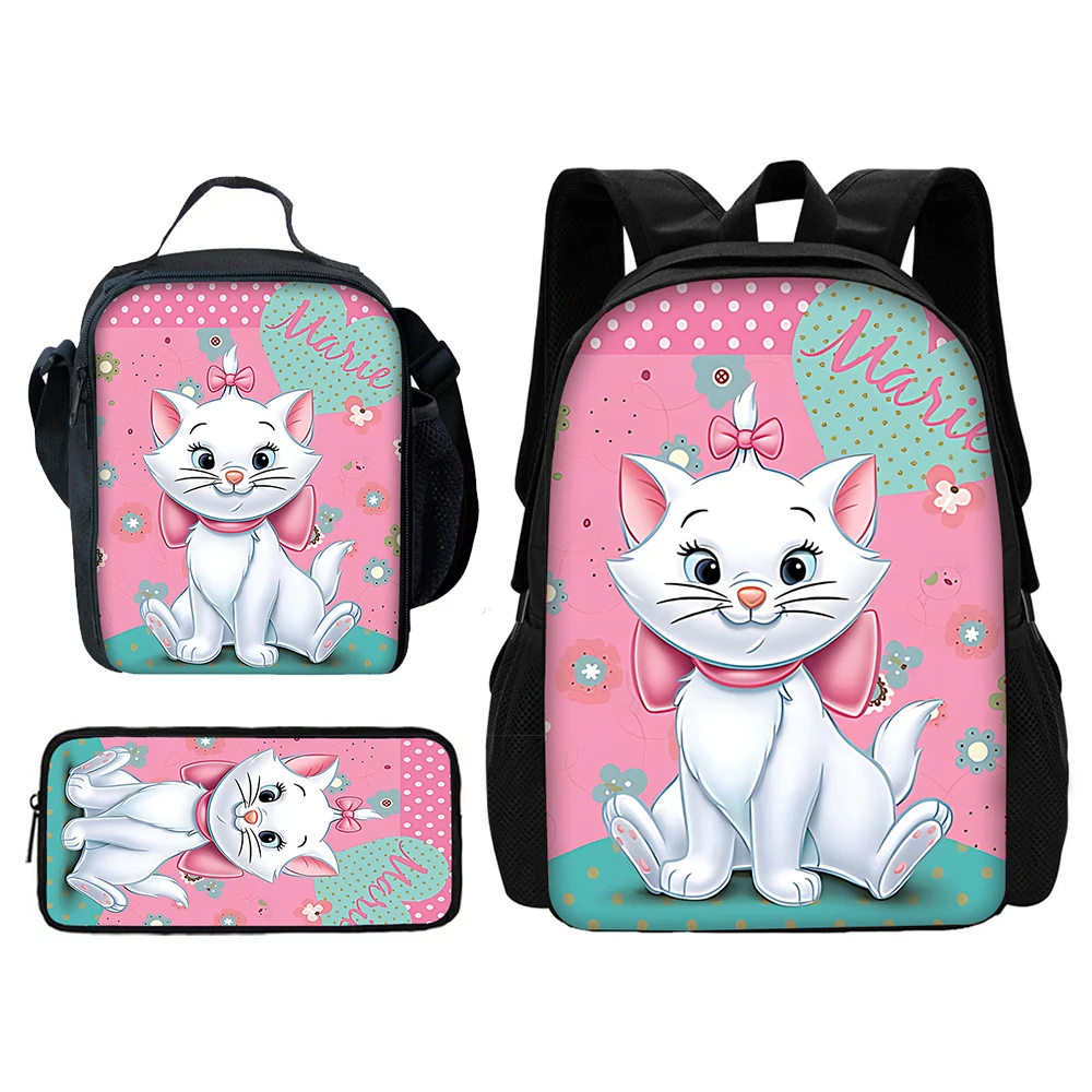 Ransel sekolah kartun Maries, tas punggung sekolah kucing dengan tas makan siang, tas pensil, tas sekolah kartun untuk anak laki-laki dan perempuan, hadiah terbaik