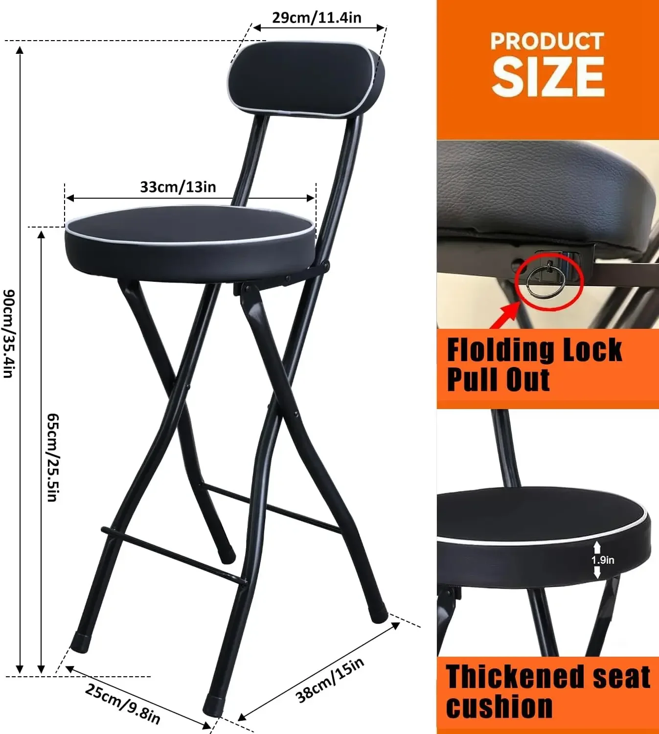 Foldable Bar Stool with Back, Tall Padded Seat, Portable Counter Height Stool for Kitchen Island - Black