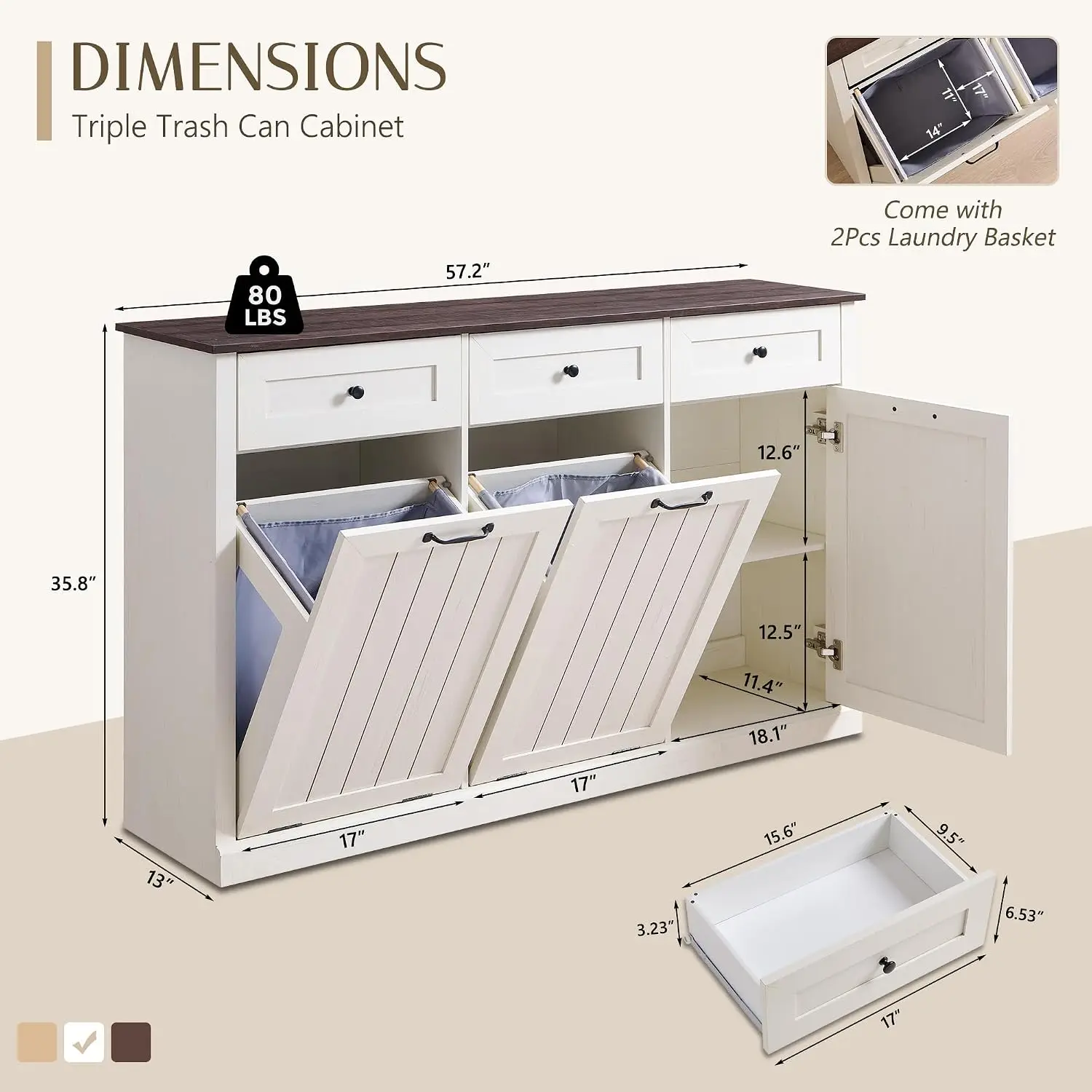 Triple Tilt Out Trash Cabinet Wood Antique White Hidden Recycling Bin Kitchen Laundry Garage Dual Storage Drawer Customized
