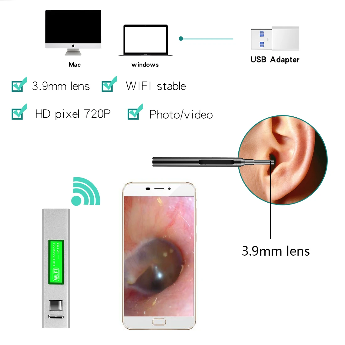 3.9 مللي متر لاسلكي واي فاي Earpick المنظار الأنظف التفتيش منظار الأذن كاميرا CMOS Borescope للهواتف الذكية أندرويد و ISO #6