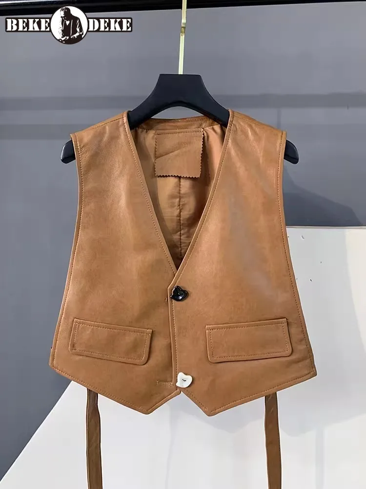 

Женский жилет из натуральной кожи, куртка без рукавов, осенняя ажурная свободная посадка, винтажный однобортный повседневный короткий жилет с v-образным вырезом
