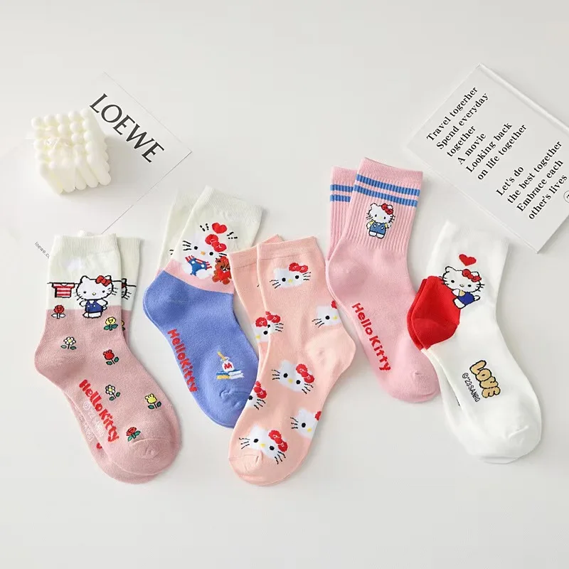 5 Pairs Kawaii Sanrio HelloKitty Women Socks Cute Cartoon Socks Anime Cotton Sweet and Comfortable Sock Girl average size