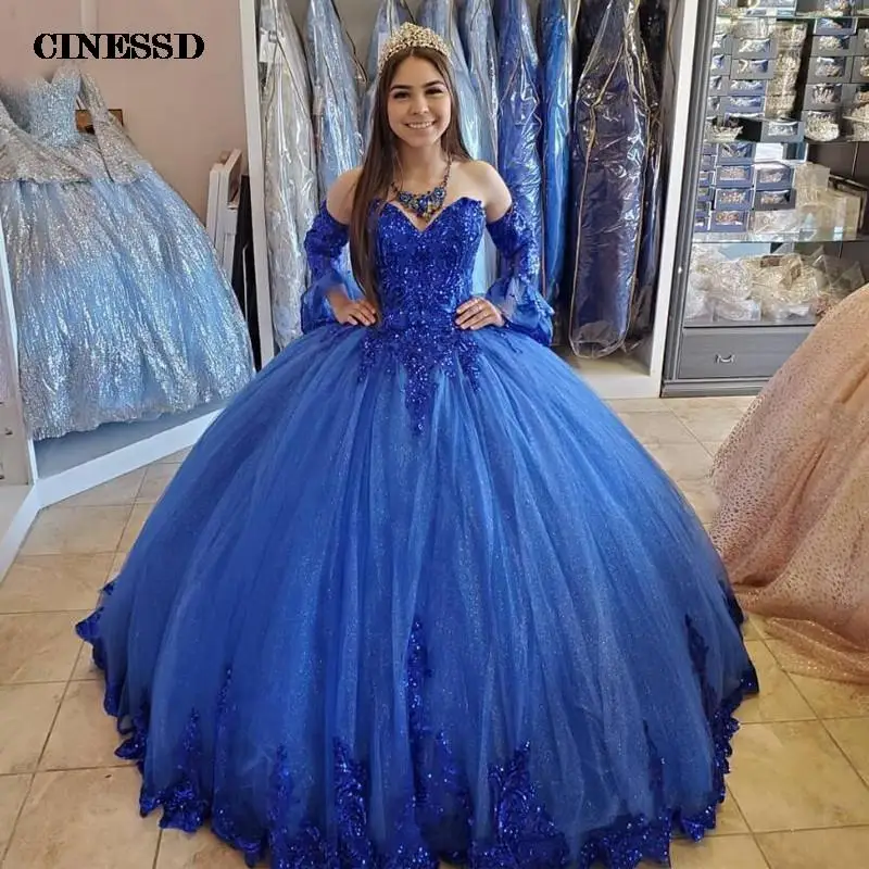 Splendidi abiti Quinceanera con paillettes in pizzo con scollo a cuore abiti da ballo con lacci sul retro a maniche lunghe Applique Tulle dolce 16 abiti