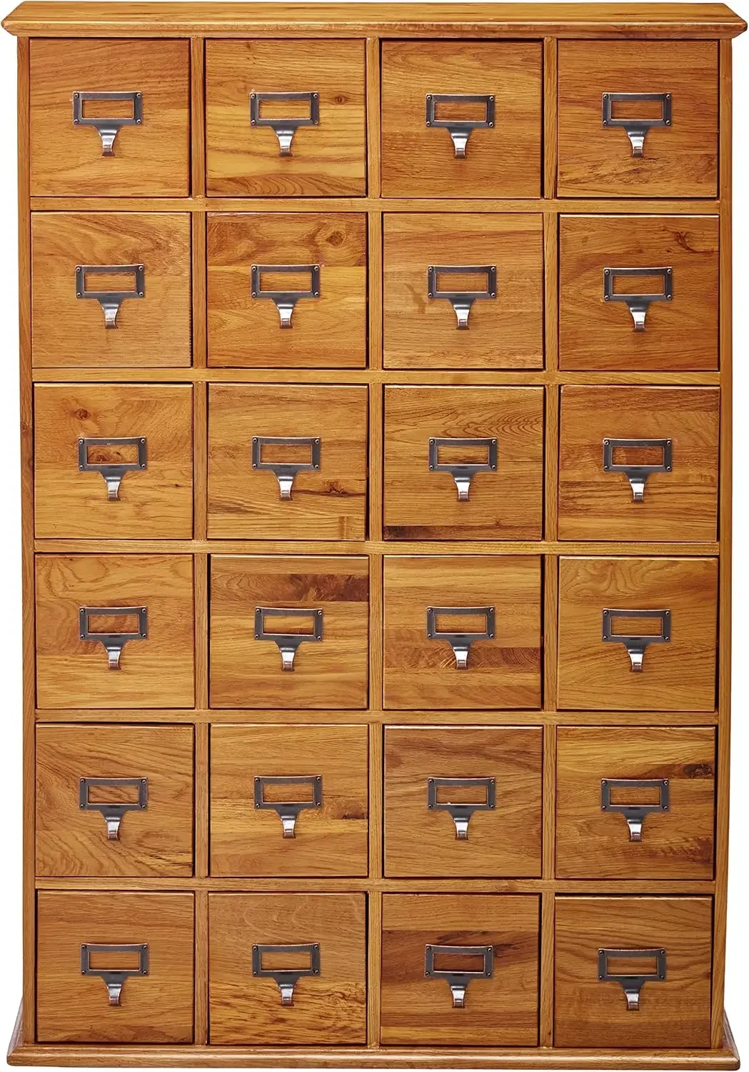 Solid Oak Library Card File Media Cabinet, 24 Drawers, Oak,Retro style Brushed metal door pulls Deluxe Oak Finish