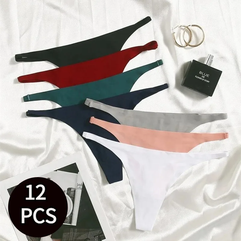 

12 PCS Lot Women's Seamless Thongs Ics Silk Slip G-string Femme Plain Thong Tangas Mujer Soft No Show Panties Pack