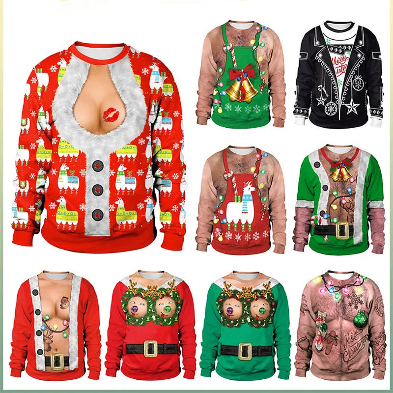 

Men Women Christmas Sweater Christmas Holiday Spoof Open Belly Button 3D Digital Printing Round Neck Pullover Couple's Sweater