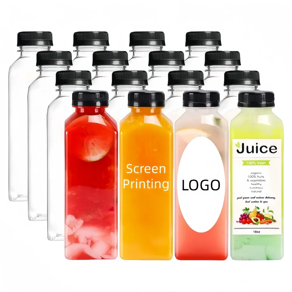 Acceptable Customized Logo 12oz 16oz  350ml 500ml  Square Plastic Empty Beverage Bottleswith Black/White Cap for Tea Soda Milk