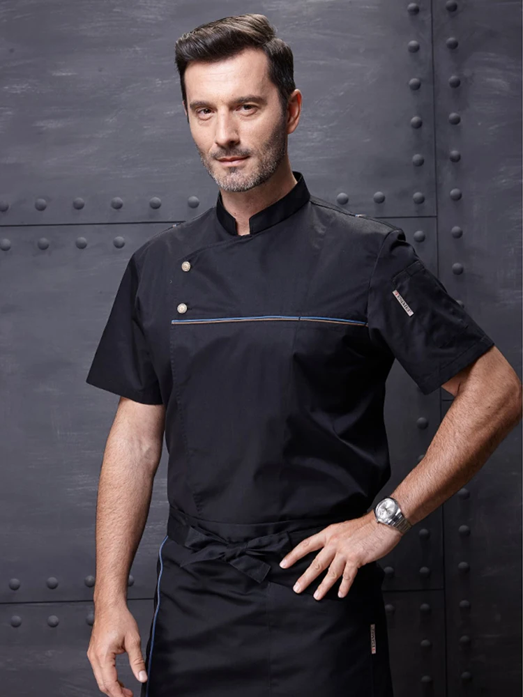 Uniforme de Chef masculin de haute qualité, vêtements de travail à manches courtes pour Restaurant, veste de cuisine d'hôtel, chemise de cuisine de cafétéria, salopette respirante