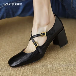 2024 New Spring Square Heeled Women Pumps Buckle Strap Genuine Leather Office Lady Shoes Woman Retro Square Toe Black Mary Janes