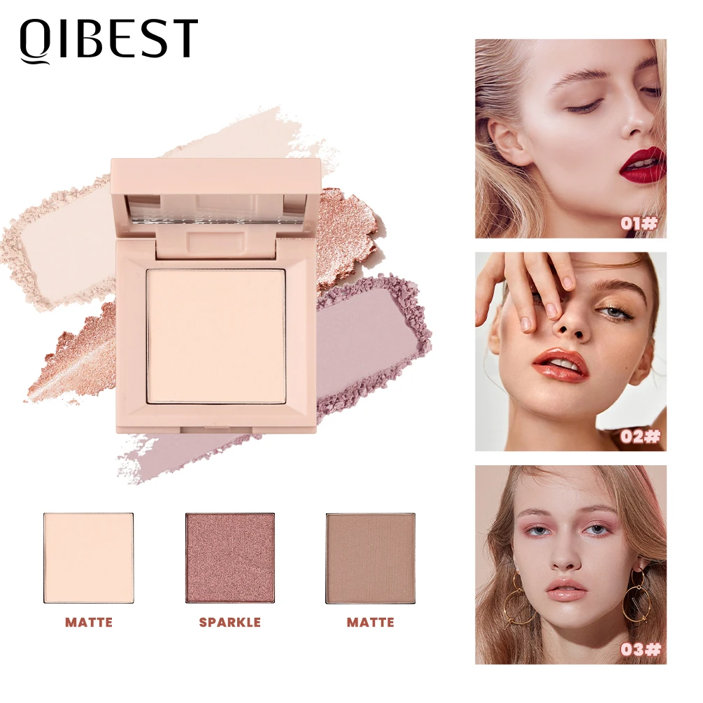 QIBEST matowy cień do powiek 3 kolory w 1 etui z cieniem do powiek Highlighter różu paleta błyszczący jedwabnik w proszku