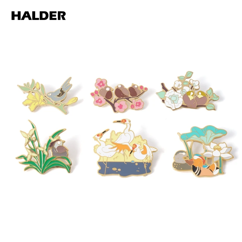 HALDER Birds Flowers Thrush Plum Blossom Silvereye Camellia Cuckoo Azalea Enamel Brooch Lapel Pin backpack Costume Bag Badge