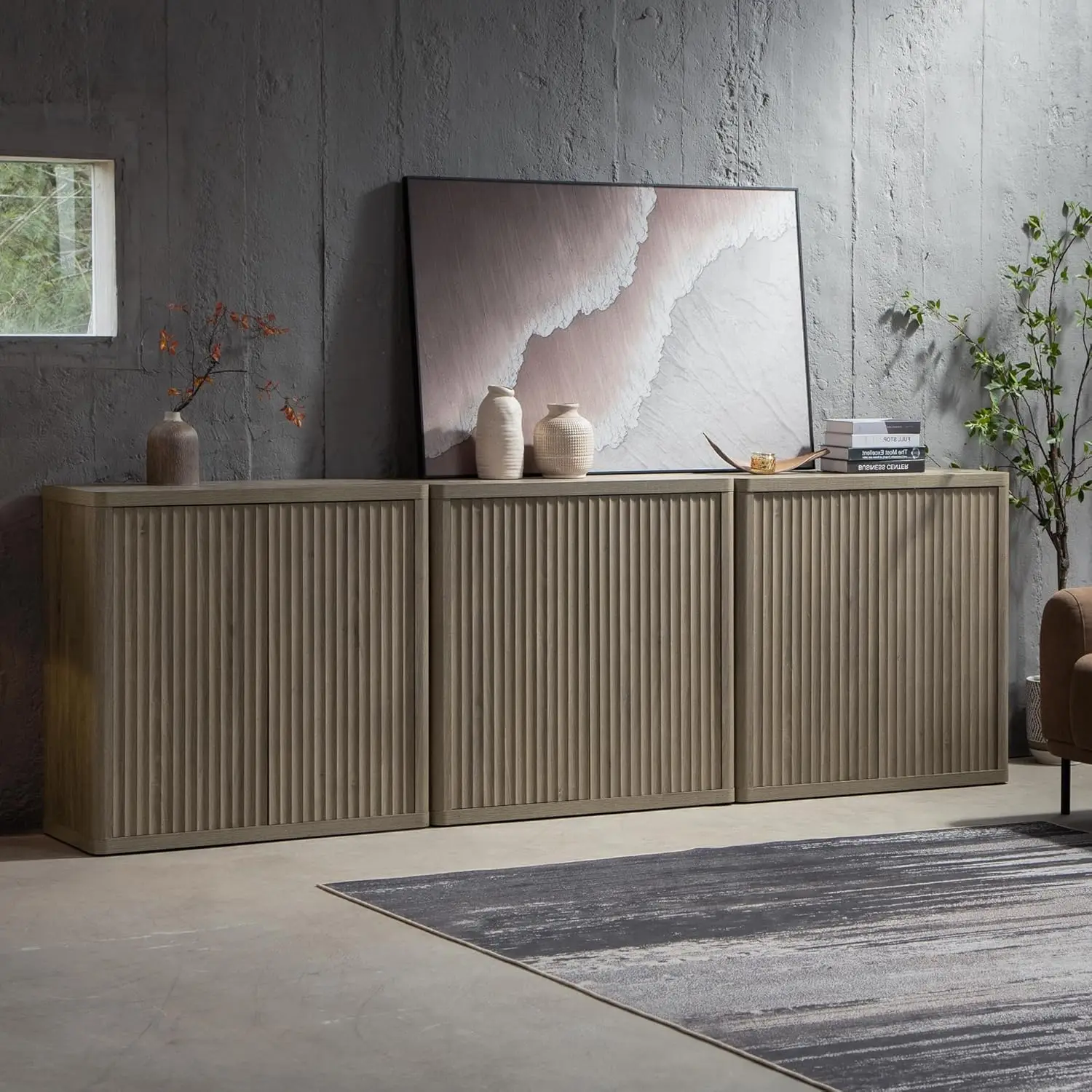 Buffet Cabinet with Storage Sideboard Accent Modern Credenza with Doors&Shelves Fluted Media Console Wood Mid Century Bar Table