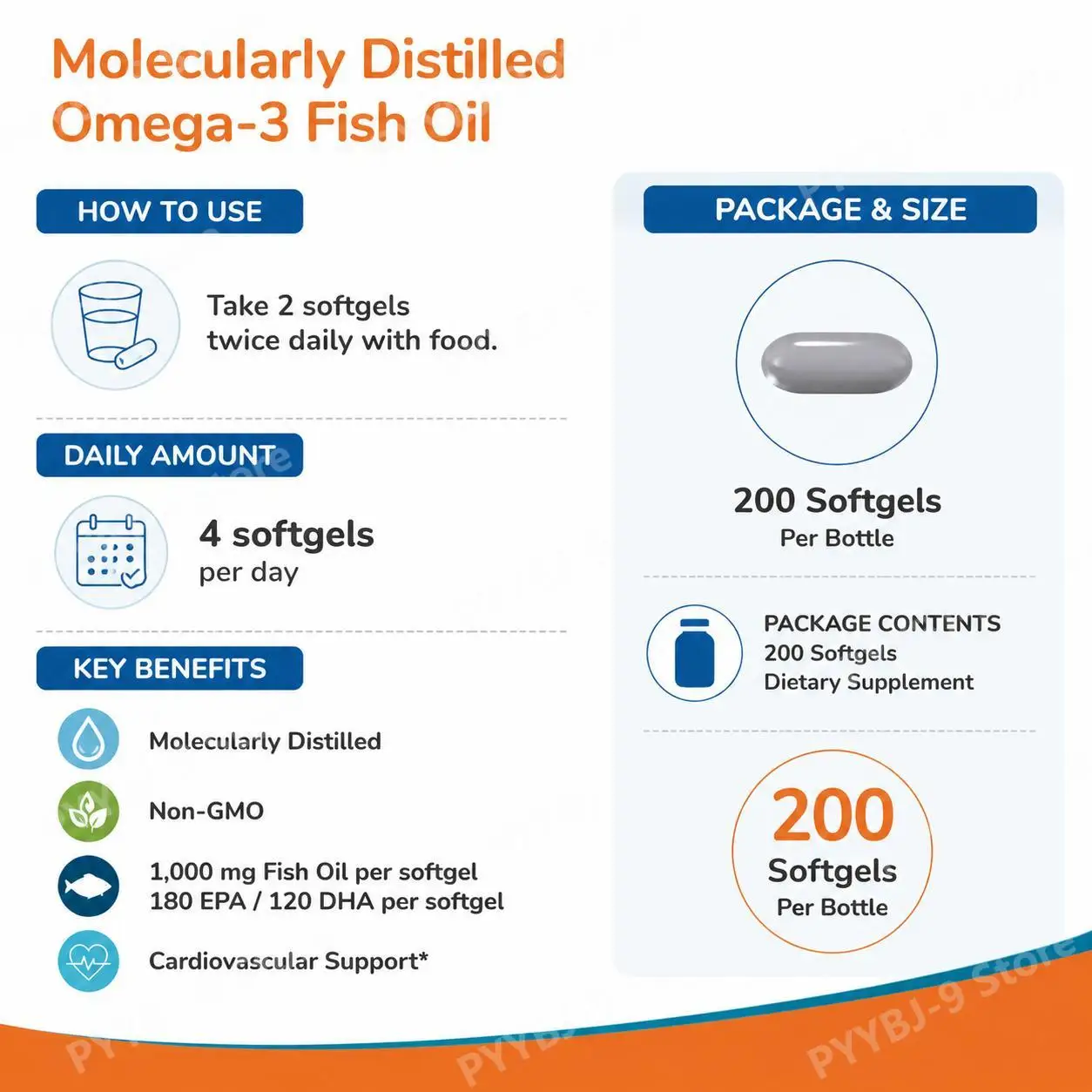 Omega 3 Fish Oil Softgels with EPA DHA, Molecularly Distilled, Heart, Brain and Eye Health Support, Easy to Swallow, 200 Count - view 6