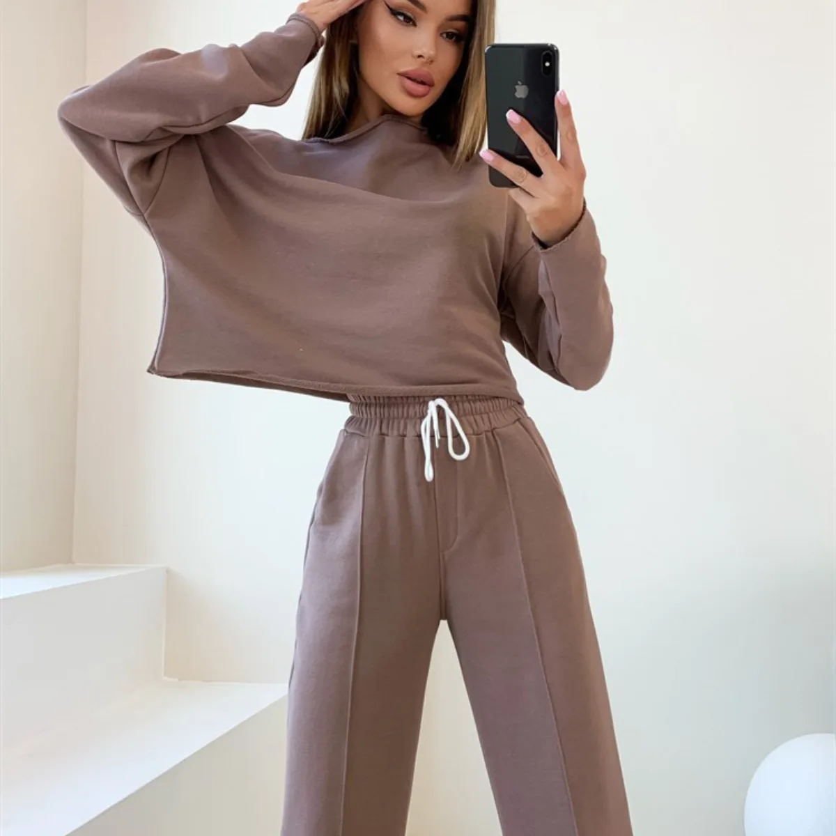 2024 Womens Autumn 2 Piece Outfits O-neck Long Sleeve Tops Loose Wide Leg Pants Lounge Sets Straight Trousers Suit Ropa Mujer