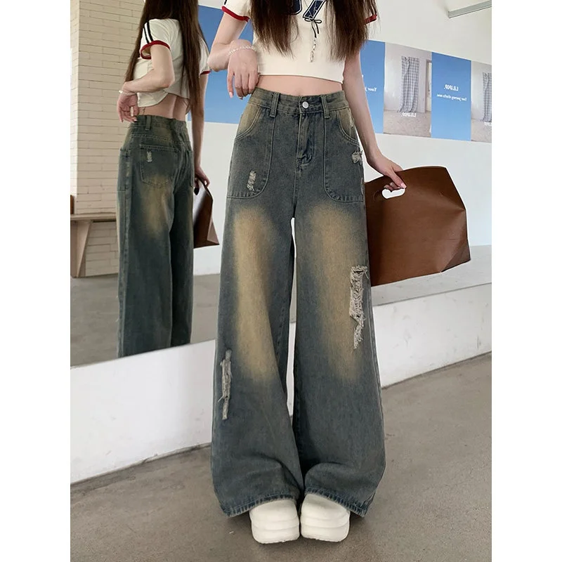 American Style High Waist Wide Leg Denim Jeans Women Spring 2026 Loose Hole Ground Straight Leg Pants Spicy Girl