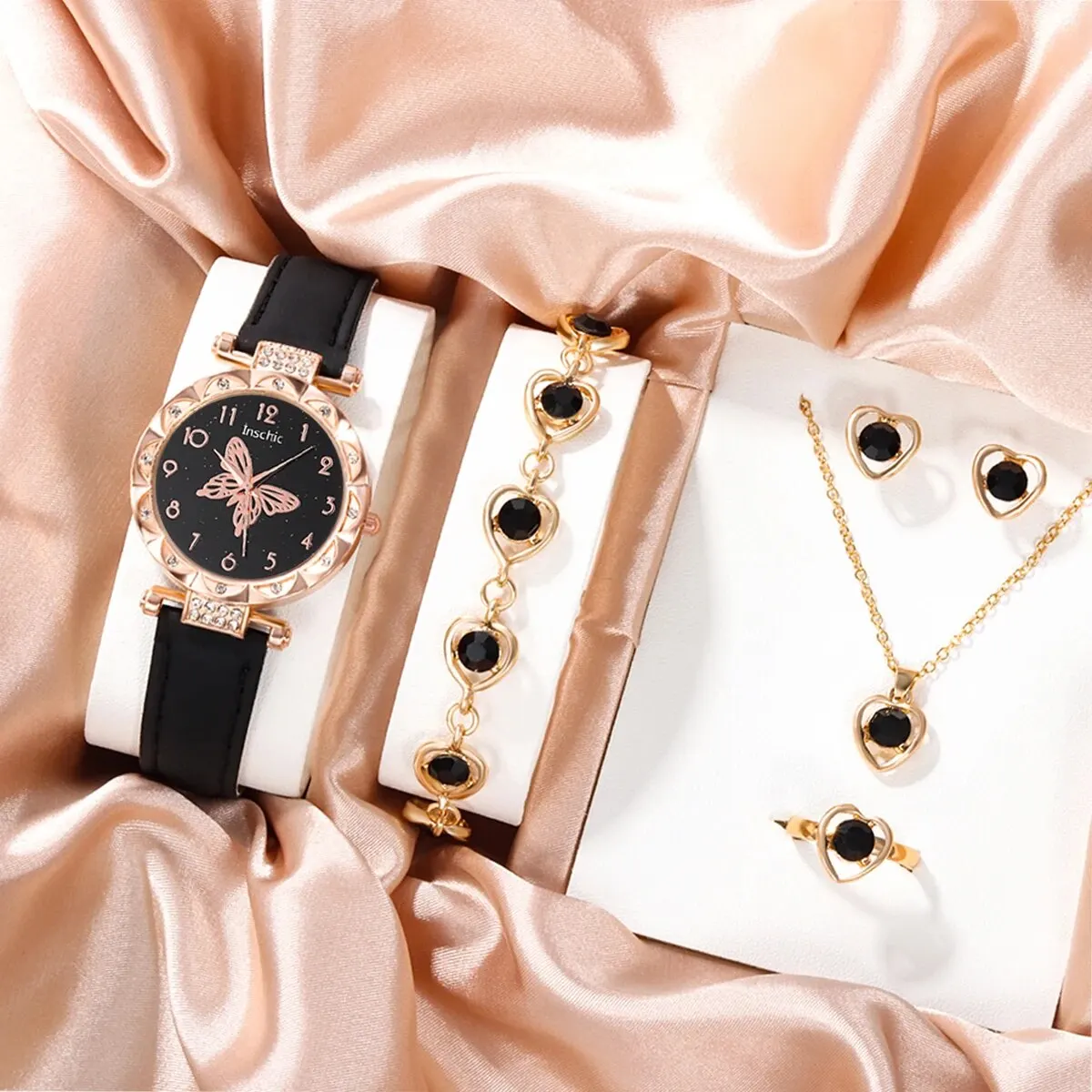 6ps Ladies Fashion Casual Star Butterfly Digital Rhinestone Belt Quartz Watch Powder Crystal Necklace Earrings Bracelet Gift Set