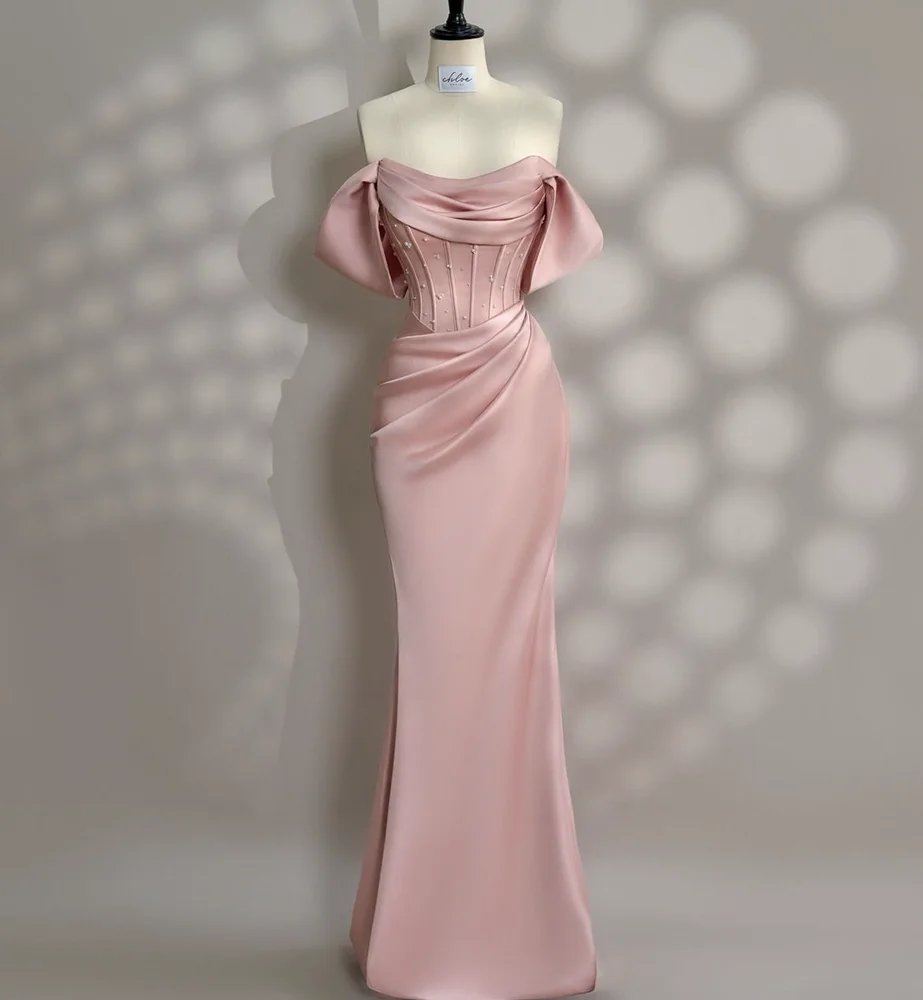 

Pink Mermaid Evening Dresses Long Prom Gowns Satin Off the Shoulder Lace-up with Zipper Back Party Gowns