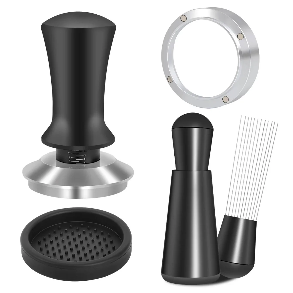 51/53/58mm Espresso Tool Set, 304 Thread Scale Powder Press, Powder Ring Cloth, Powder Needle, Small Round Pad, Coffee Utensil