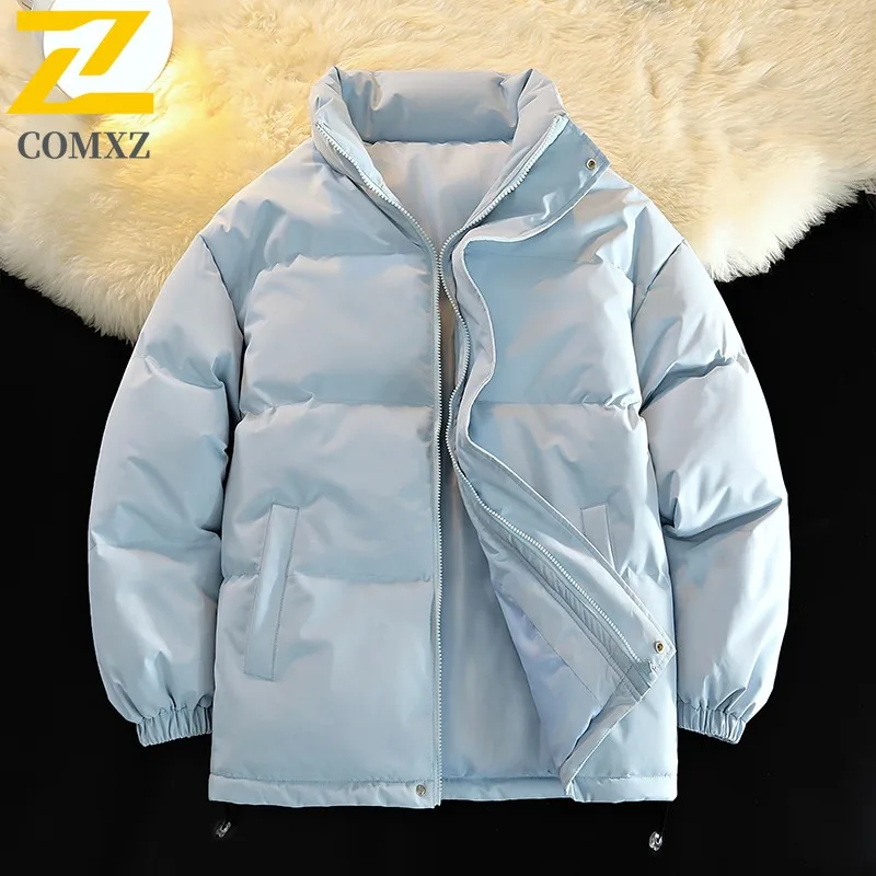 COMXZ 2025 Mens M8-XL Thickened Fleece Stand Collar Puffer Jacket Winter American Style Solid Color Casual Outdoor Sports Coat