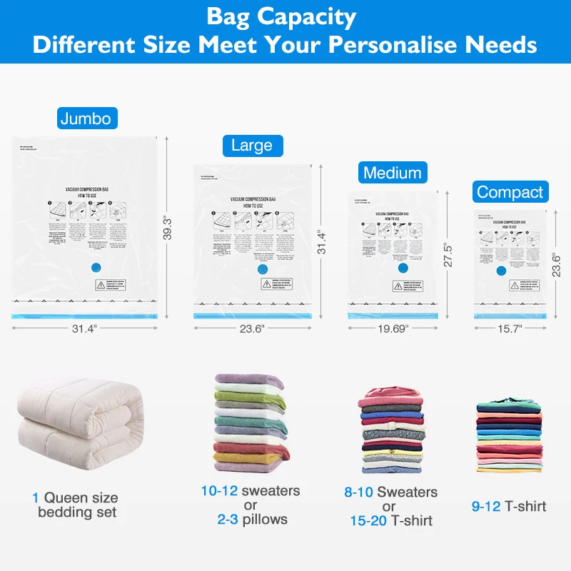 Vacuum Storage Bags 8-18Pc Space Saver Bag Travel Rechargable Air Pump Various Seal Bag Pump for Compress Clothe Blanket Luggage