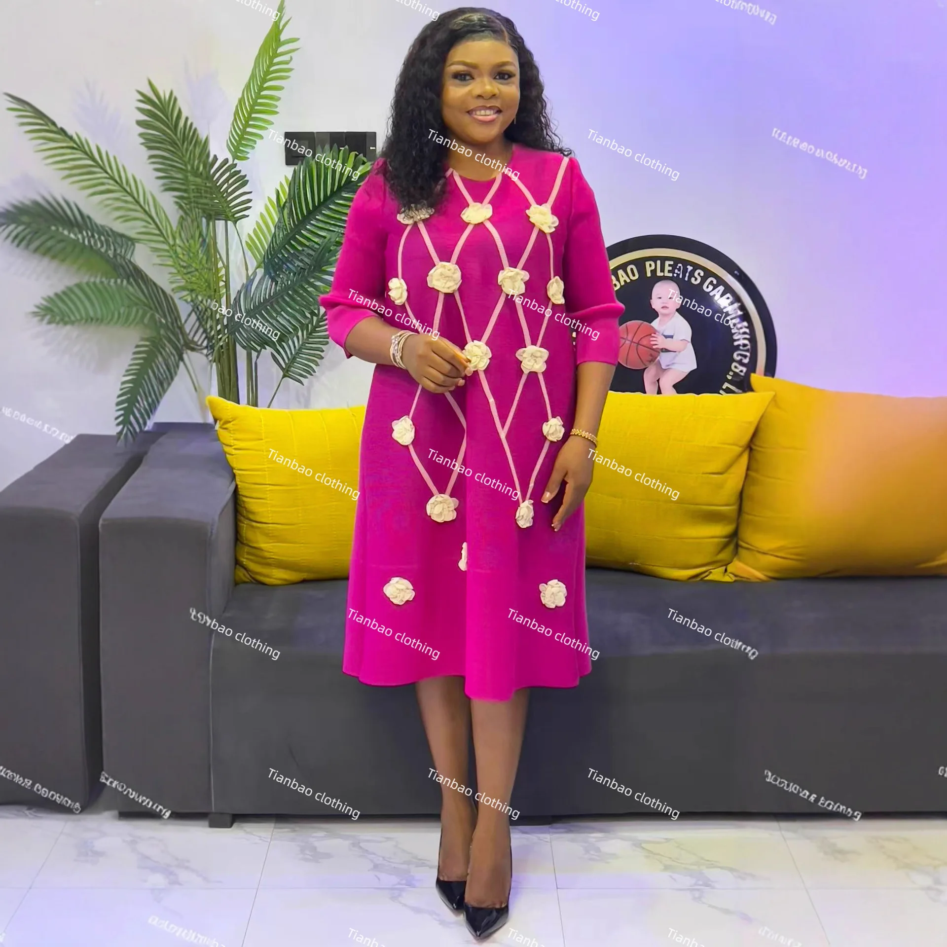 

Miyake Pleated Dress for Women 2025 New Solid Color Round Neck Mid Sleeve Hand-crank 3D Flower Loose Large Size Pleated Skirt