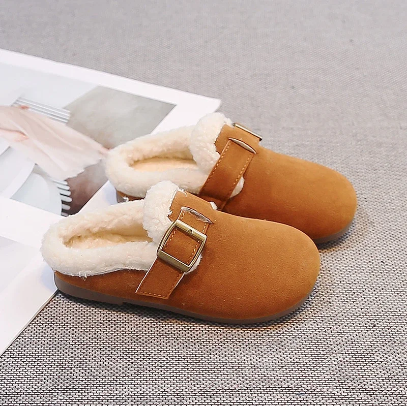 Toddler Kids Winter Mule Slippers, Fleece Lined Warm Slip On Shoes, Metal Buckle Strap, Non Slip Sole for Daily Outdoor Wear