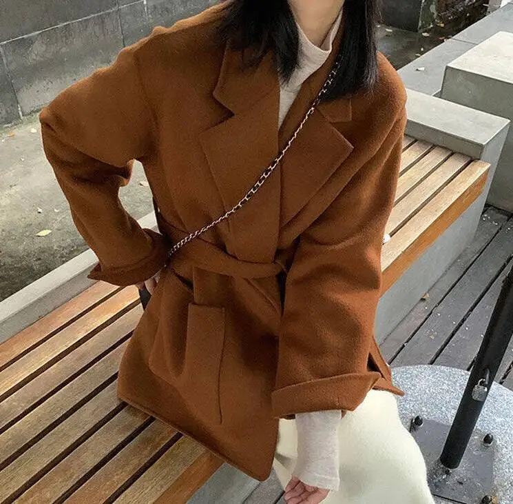 

Wool Blend Coats Womens Woolen Coat Print Winter Tweed Stand-Collar Double-Breasted Elegant Mature Parisian Style Office Lady OL