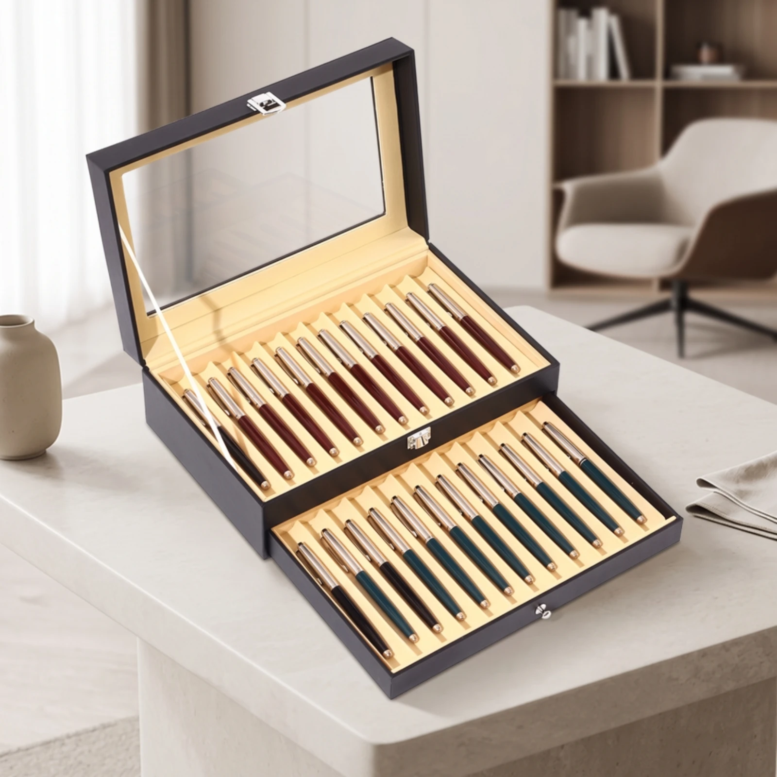 Double Layer Pen Organizer with Clear Lid Fountain Pen Case Display Box for Desk and Office Collectors
